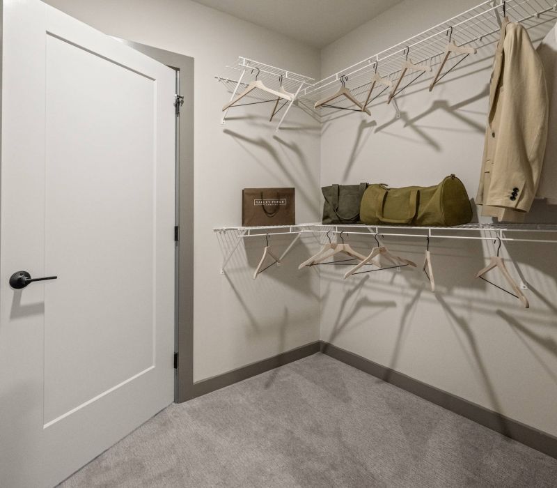 Madison West Elm apartments Walk-in closet with wire shelves, empty hangers, a jacket, two bags, and a brown box on shelving.