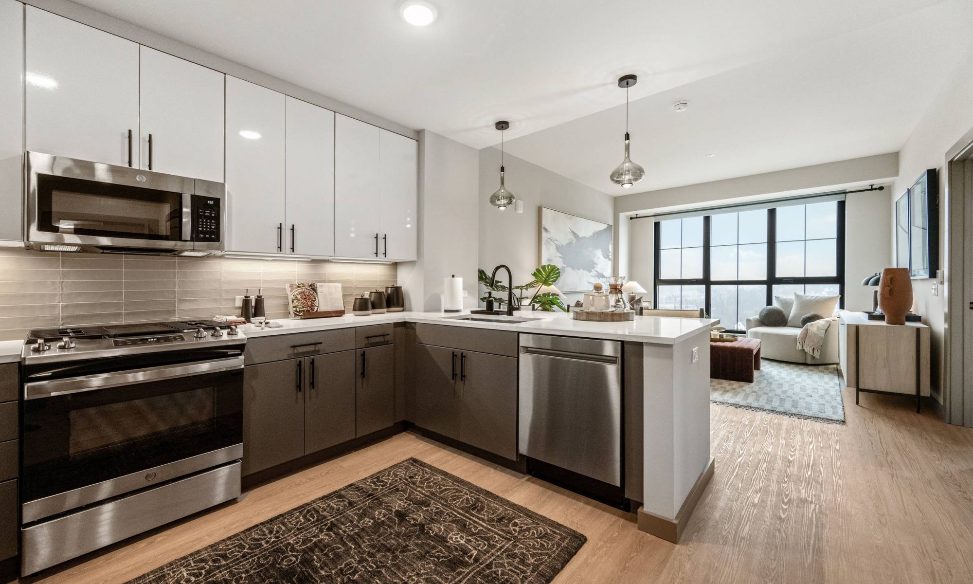 Madison West Elm apartments Modern kitchen with stainless steel appliances, white cabinets, and an open layout leading to a bright living area.