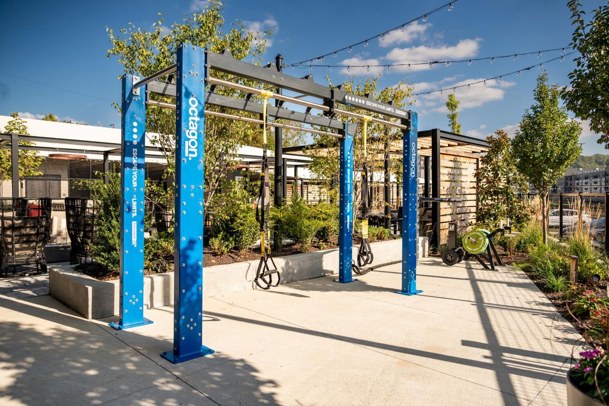 Madison West Elm apartments Blue outdoor gym equipment with pull-up bars and rings on a sunny patio surrounded by greenery.